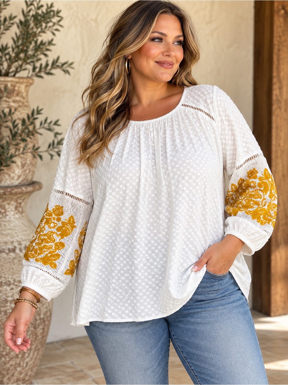 Crown & Ivy Curvy 2X Boho Embroidered Crochet Lace Cotton Blouse Mustard Floral